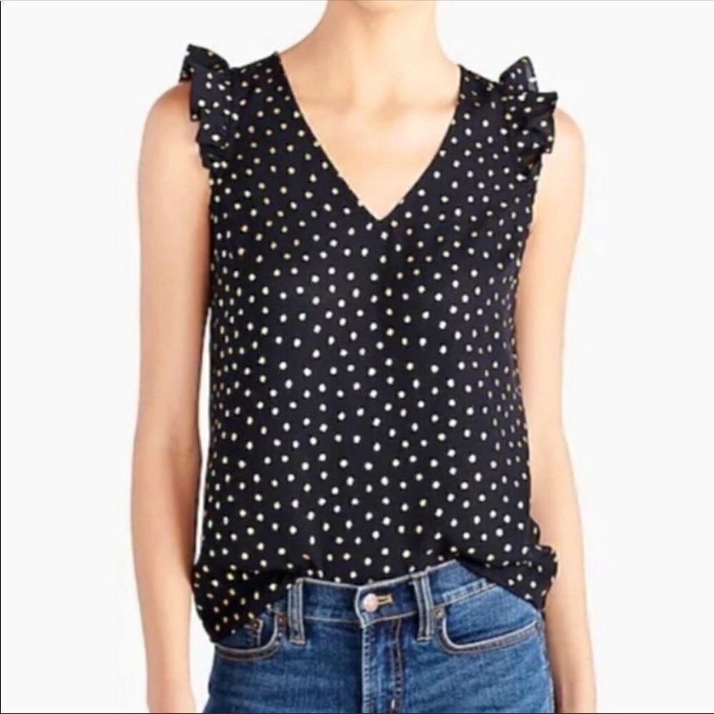 J. Crew 2 Black with Gold Polka Ruffle Sleeve Sleeveless Blouse